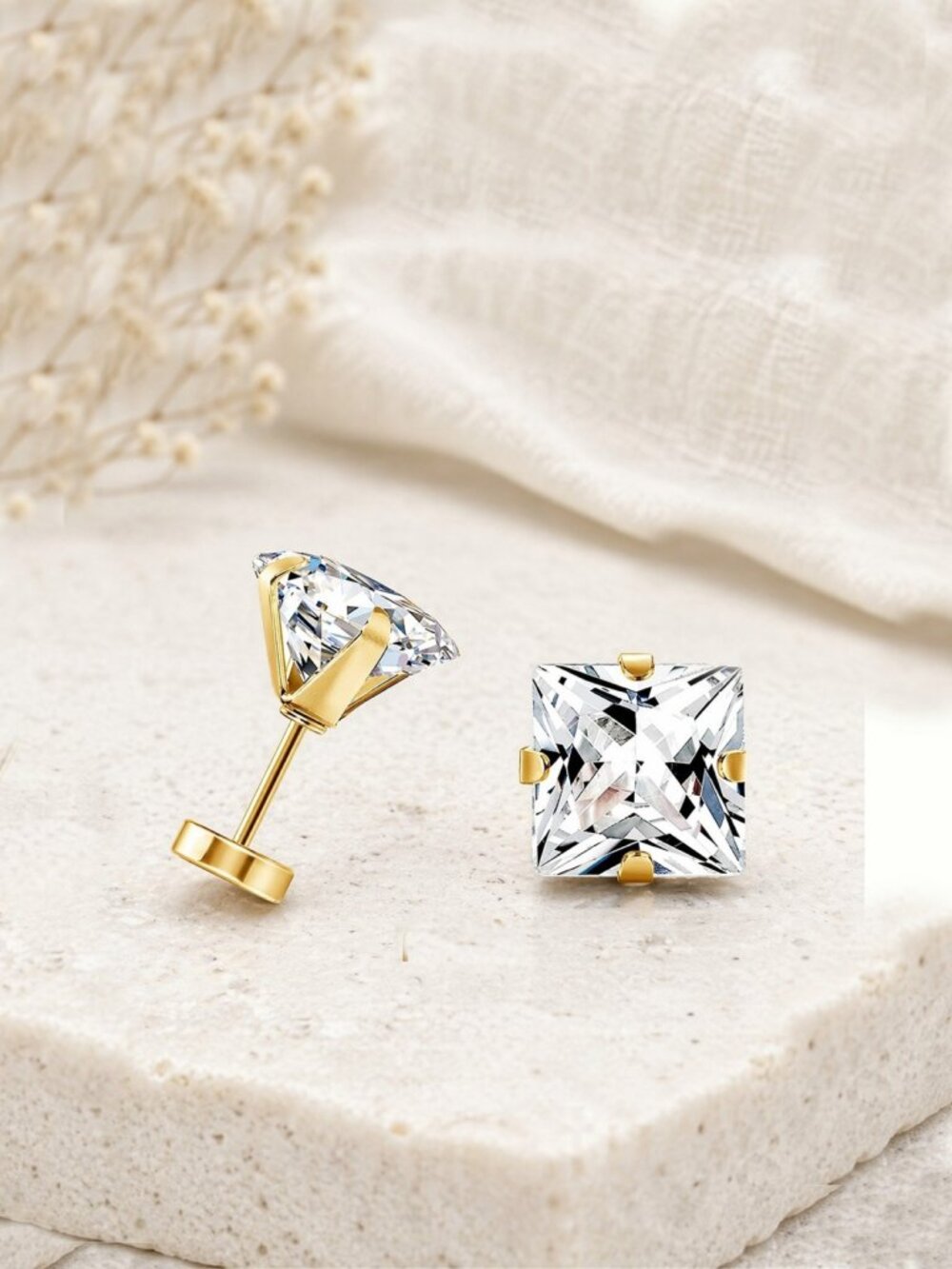 3mm Princess Cut CZ Stud Earrings, 14kt Gold Plated, Hypoallergenic Flat-Back